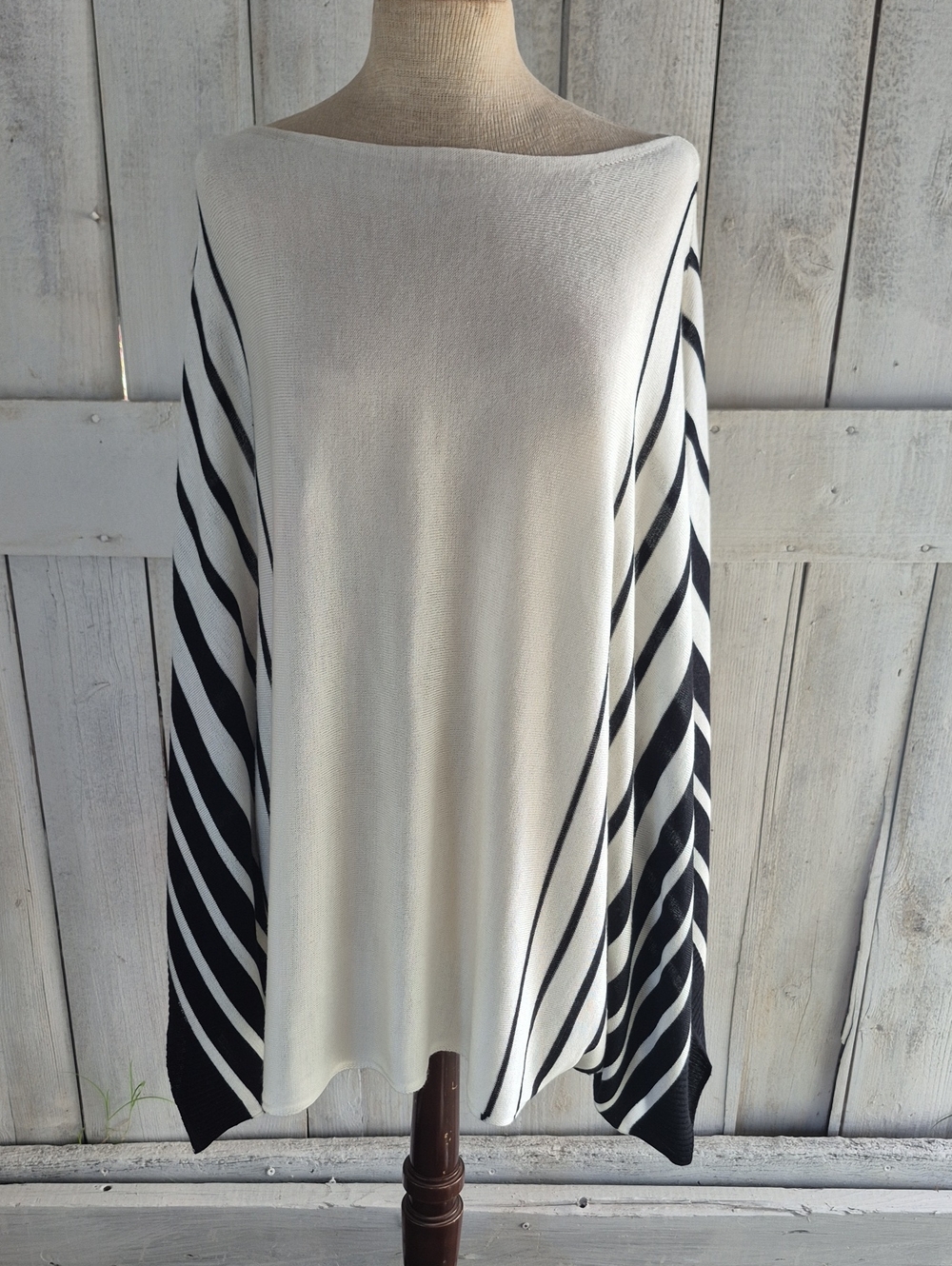 Cream & Black Stripe A-Line Poncho Sweater